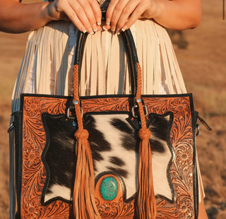 The Nashville Tote (No Fringe) Tooled Cowhide Tote Purse