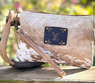 Upcycled Lv Cowhide Leather Wristlet Cosmetic Pouch Western