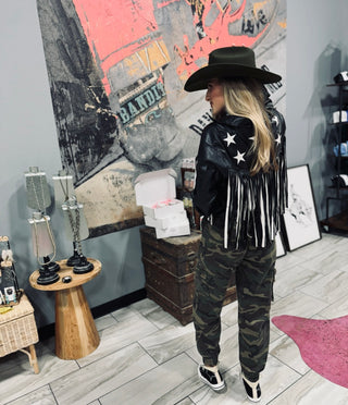 Black Faux Leather Fringe Jacket with Gold Stars