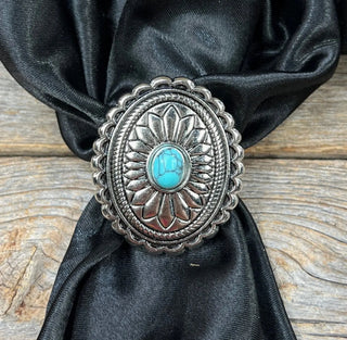 Antique Silver Oval Floral Turquoise Western Wild Rag Slide