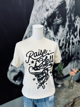 Outlaw Raise Hell Cowboy Skull Graphic Tee Cream