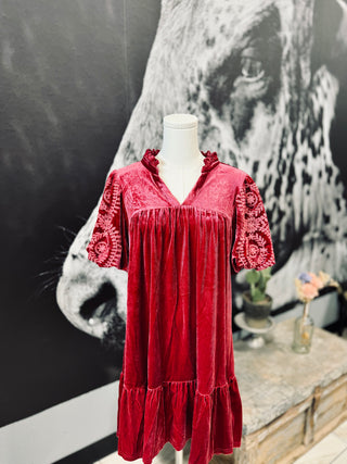 Red Velvet Embroidered Sleeve Dress