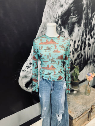 Turquoise Western Mesh Long Sleeve Top