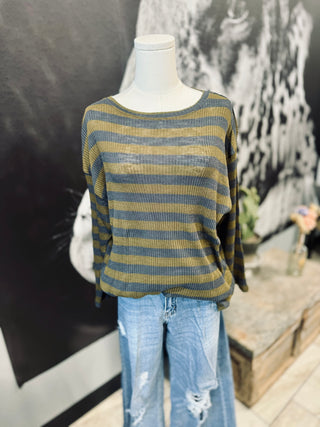 Green & Gray Striped Knit Ribbed Long Sleeve Top