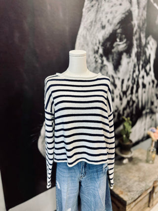 Knit Cotton Sweater Stripe Top Navy