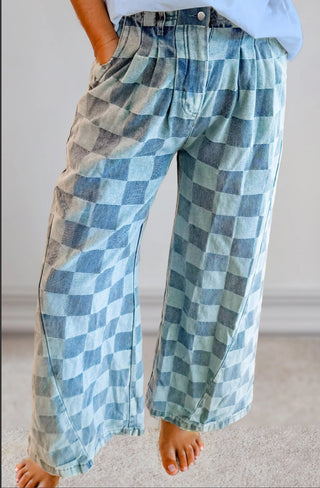 Blue Checkered Wide Leg Jean